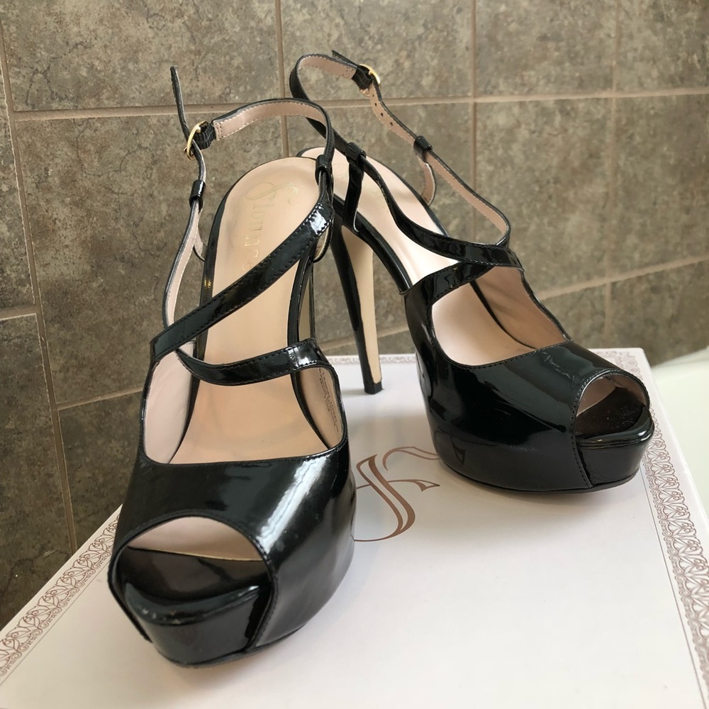Black patent platform heels (brand: Flounce)
